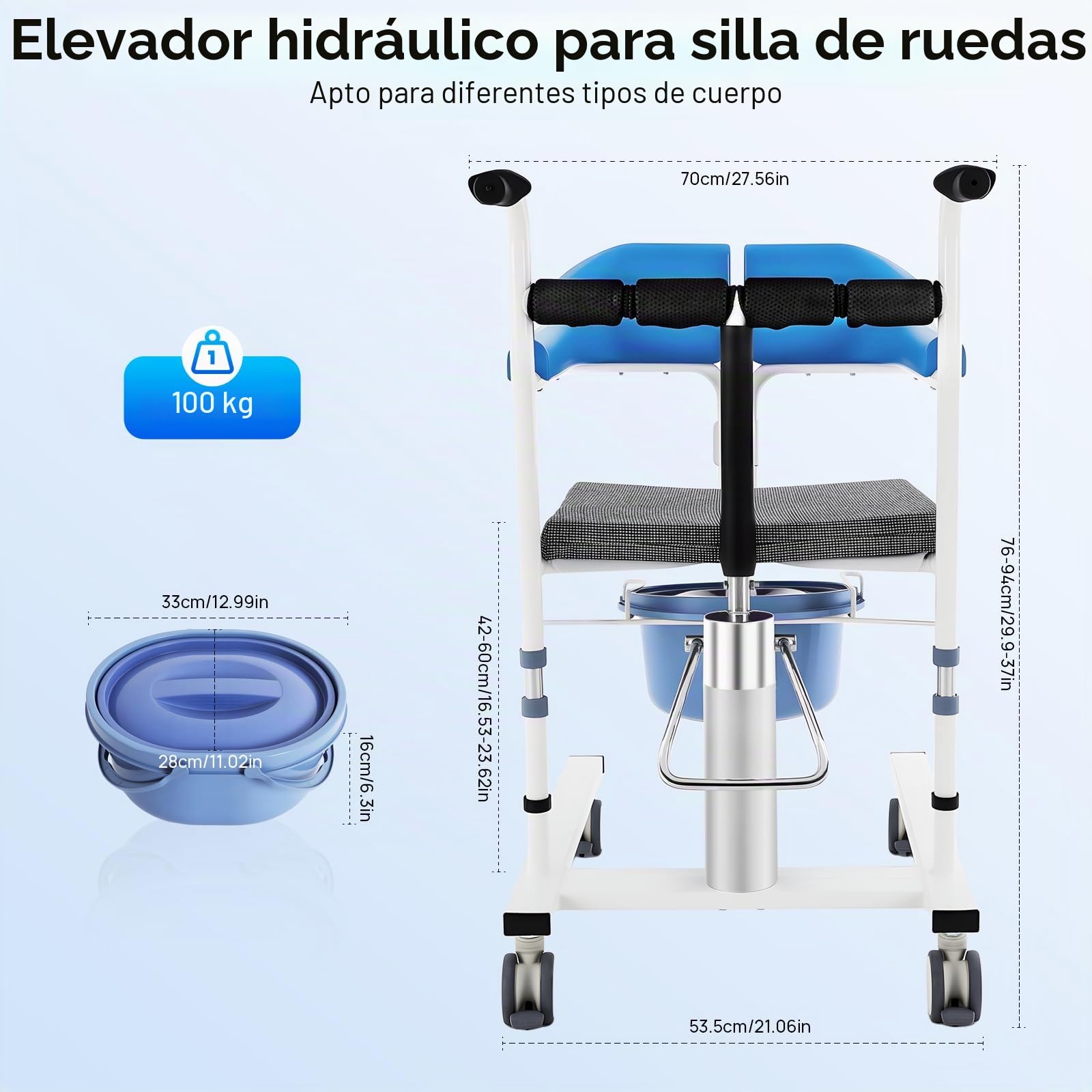 Silla de ruedas hidráulica para pacientes, elevador de pacientes, silla de inodoro ajustable en altura con cómodo reposapiés, cubo de ABS y respaldo plegable de 180° para personas mayores, embarazadas