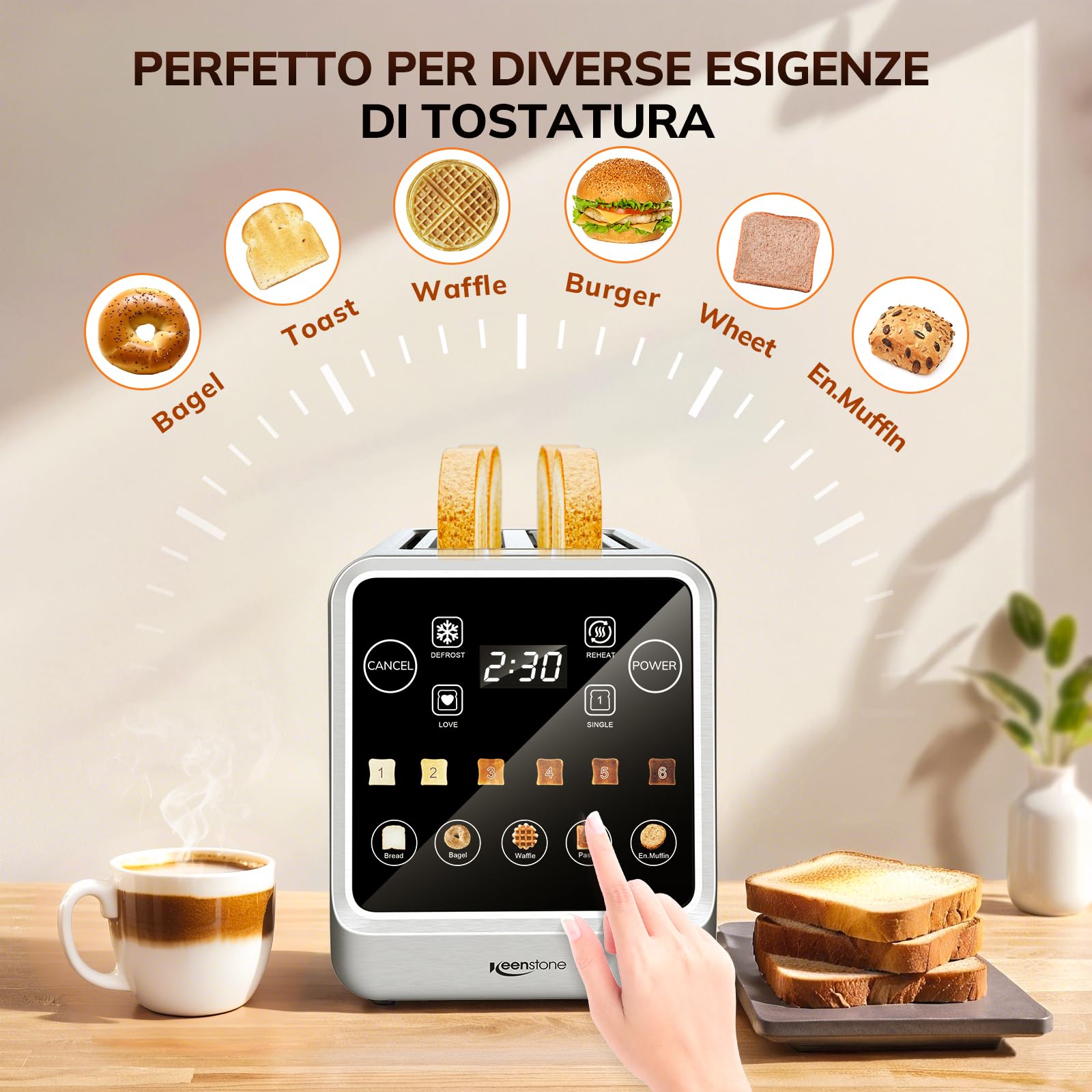 Keenstone Tostapane 4 fette, LED Display Touch screen e funzione memoria, timer, scongelamento e riscaldamento, tostapane in acciaio inox con 6 livelli di doratura, 5 programmi per il pane