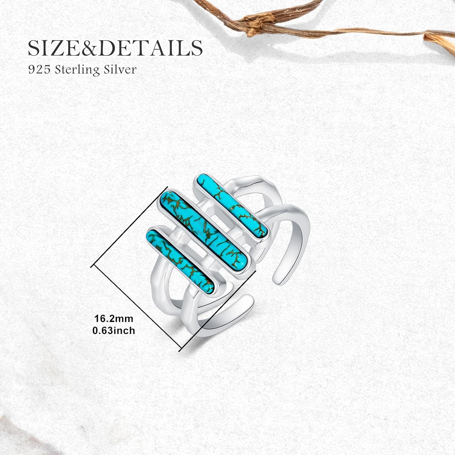 Natural Turquoise Three-Bar Ring 925 Sterling Silver Gemstone Turquoise Adjustable Ring Boho Western Jewelry Gifts for Women - Image 5