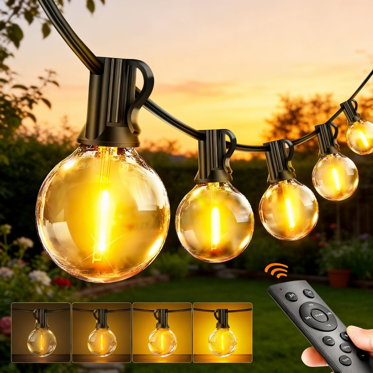 200FT/60M Connectable Outdoor String Lights – 24V Low Voltage G40 Festoon with 62 LED Bulbs, Mains Powered Dimmable Garden Lighting with Remote Timer, Waterproof for Patio, Pergola, Gazebo, Backyard