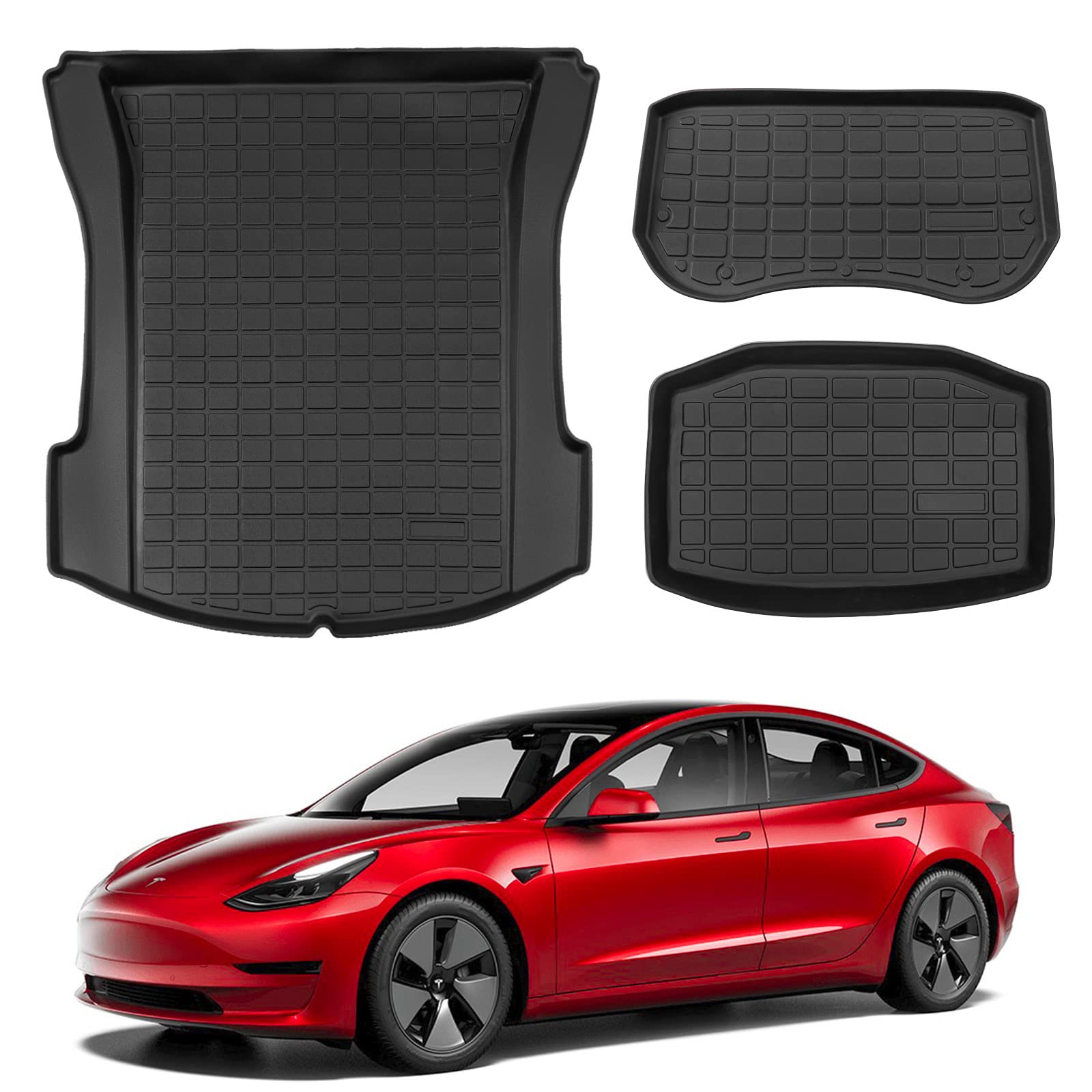 Photo 1 of Xipoo Fit 2021-2023 Tesla Model 3 Trunk Mat Storage Mat TPE Cargo Liner Cargo Tray Storage Mat for 2023 2022 2021 Tesla Model 3 Accessories (2020+ Front Trunk Mat+ Rear Storage Mat+ Rear Trunk Mat) Three Trunk Mats