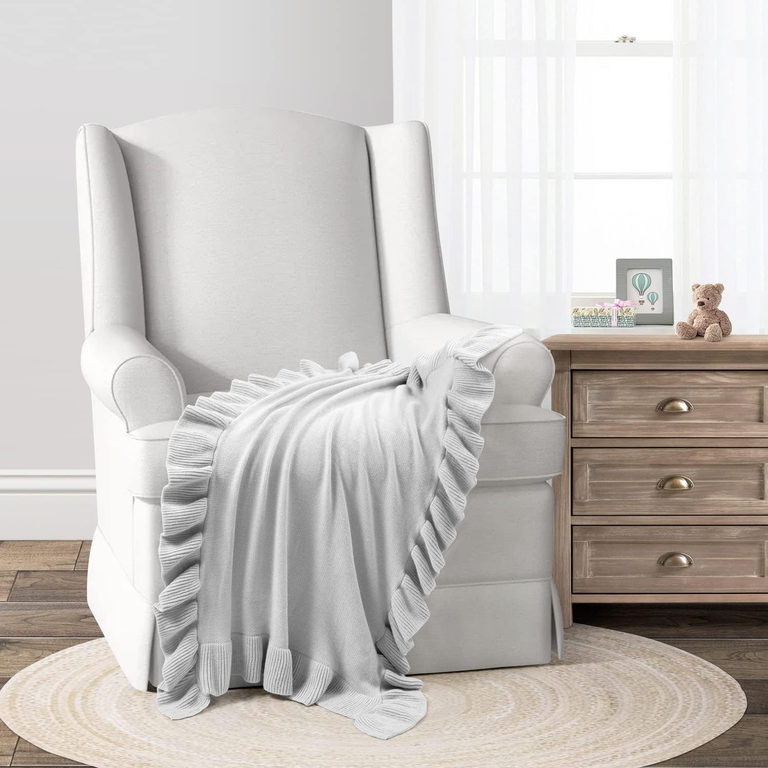 Lush Decor Reyna Soft Ruffle Throw Blanket, 50" W x 60" L, Light Gray - Modern Farmhouse Ruffle Blanket - Cozy Chic Textured Throw For Bed, Couch, or Chair