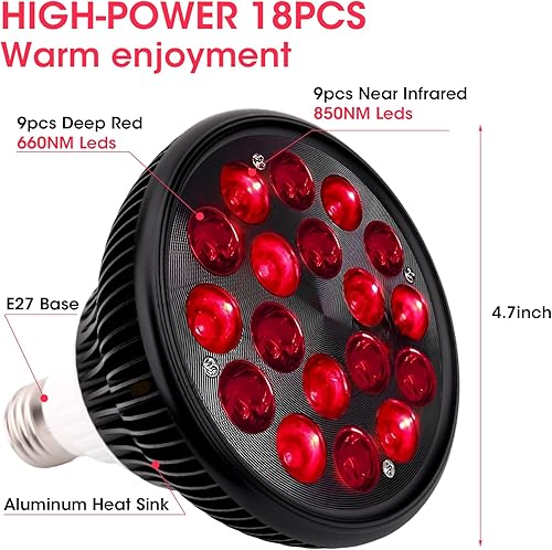 Miniatura 5 de Lámpara de terapia de luz roja 54 W 18 LED dispositivo de terapia de luz infrarroja con abrazadera de enchufe ajustable luz LED roja de 660 nm y 850