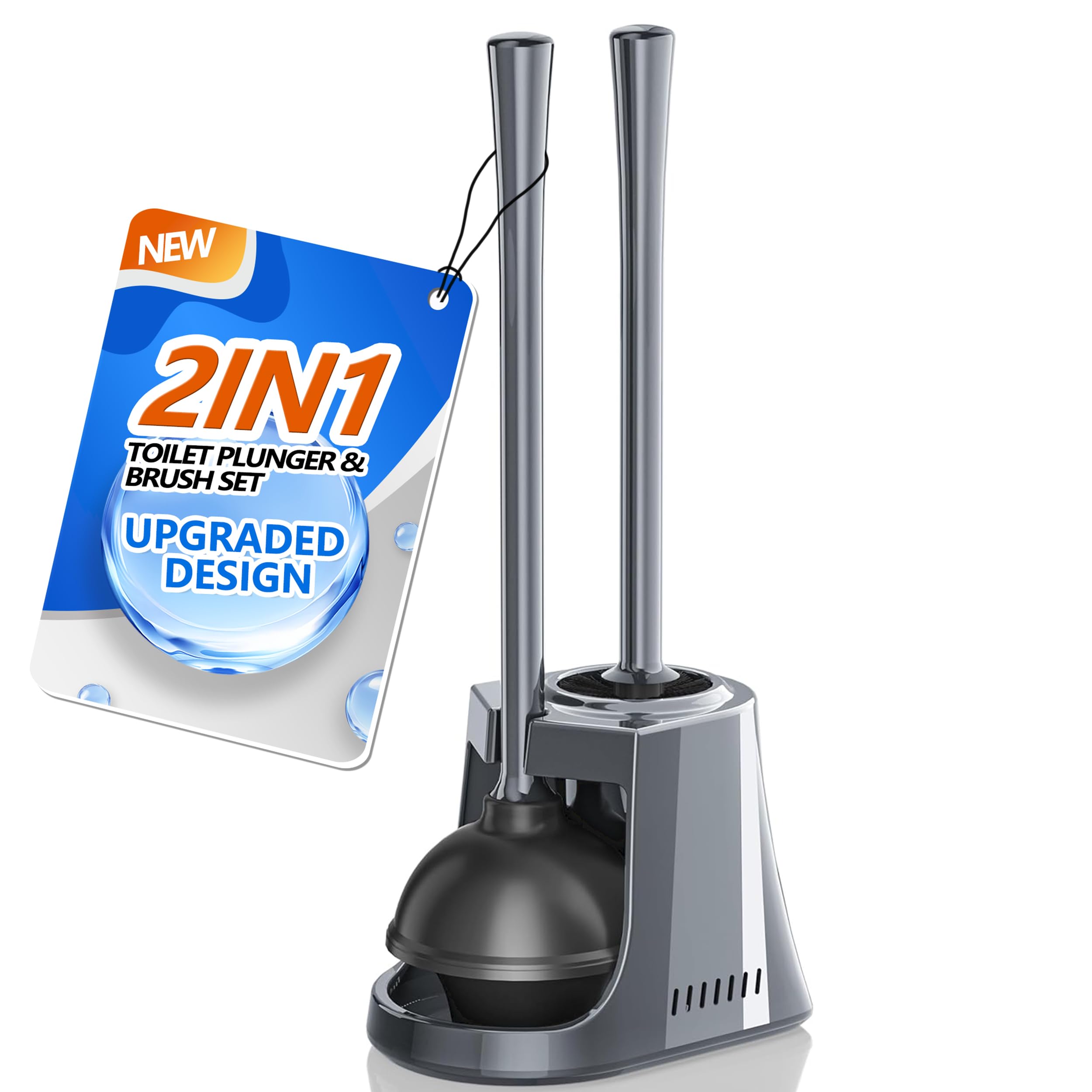 LOVLOY Toilet Plunger and Brush with Holder, Bowl Brush and Heavy Duty Toilet Plunger Set with Ventilated Holder, 2-in-1 Toilet Brush and Plunger Combo for 5.3-inch Toilet Drain New Pack (Grey, 1)