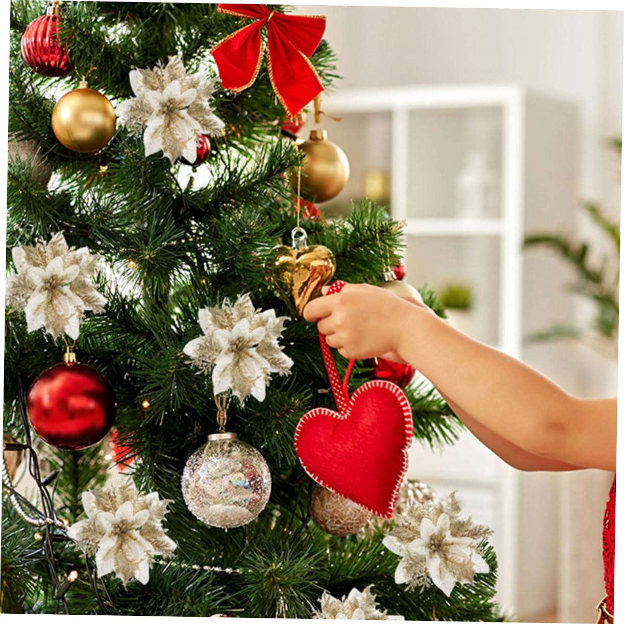 1 Ensemble 12 pièces Simulation de Fleur de noël pétale de Poinsettia Fleur de noël Faux Poinsettia de noël Ornements d'arbre de noël Fleur Artificielle décorations en Tissu Poudre