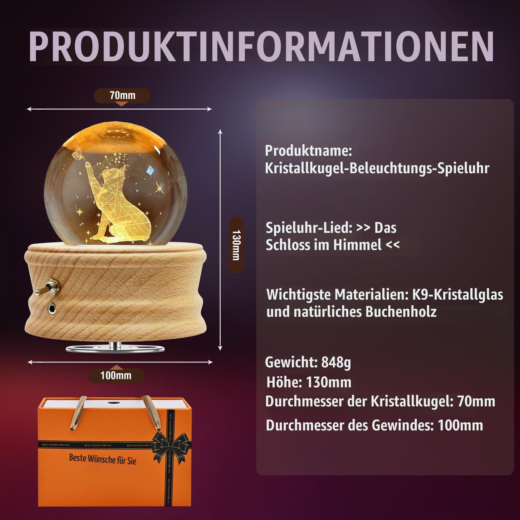 Kristallkugel Spieluhr, Hölzerne Spieluhr mit Projektionsfunktion, 360° Rotierende Drehbar Holzsockel, 3D K9 Glas, Geschenke für Frauen Mama Geburtstagsgeschenk Valentinstag