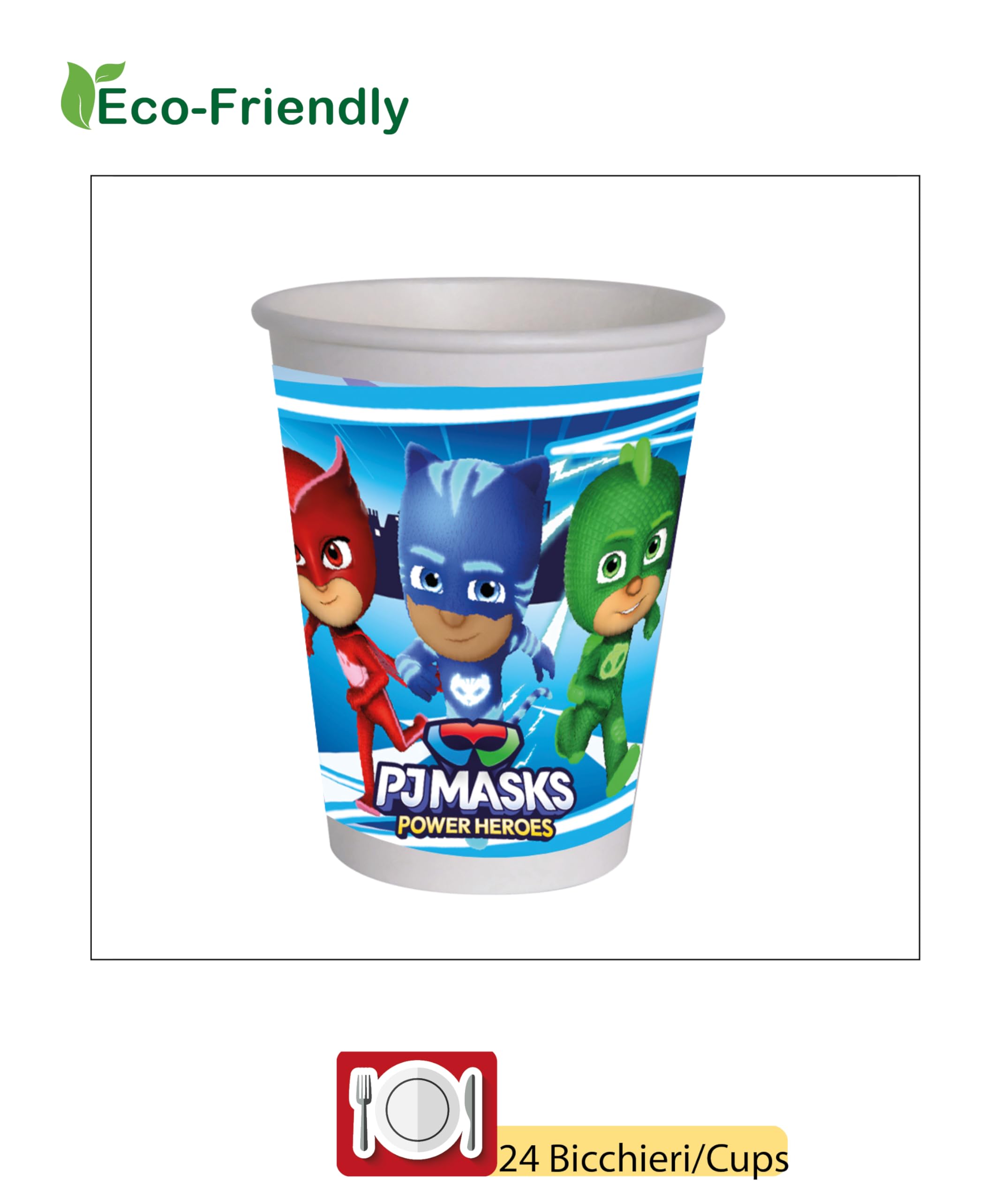Kit Party Tavola PJ Masks per 24 persone (112 pezzi: 24 piatti Ø23cm, 24 piatti Ø18cm, 24 bicchieri 250ml, 40 tovaglioli 33x33cm) in carta compostabile eco-friendly