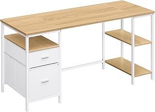 VASAGLE Computertisch, Bürotisch, Schreibtisch, mit 3 Ablagen, 2 Schubladen, 160 x 60 x 76 cm, fürs Büro, Wohnzimmer, moderner Stil, natureichenfarben-wolkenweiß LWD105YD01