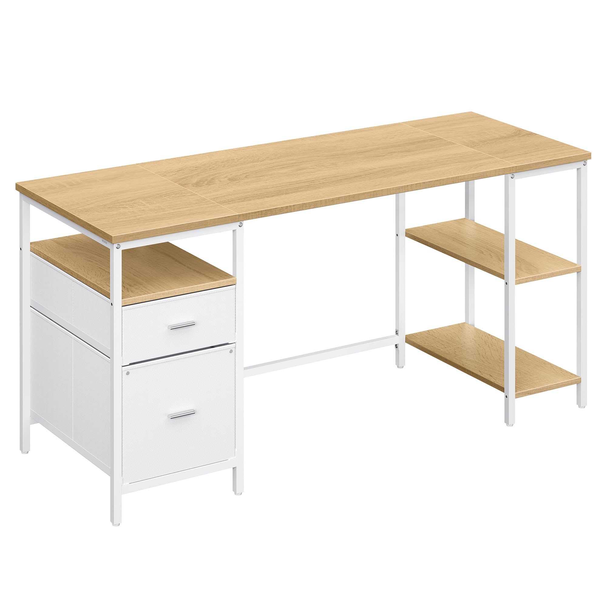 VASAGLE Computertisch, Bürotisch, Schreibtisch, mit 3 Ablagen, 2 Schubladen, 160 x 60 x 76 cm, fürs Büro, Wohnzimmer, moderner Stil, natureichenfarben-wolkenweiß LWD105YD01