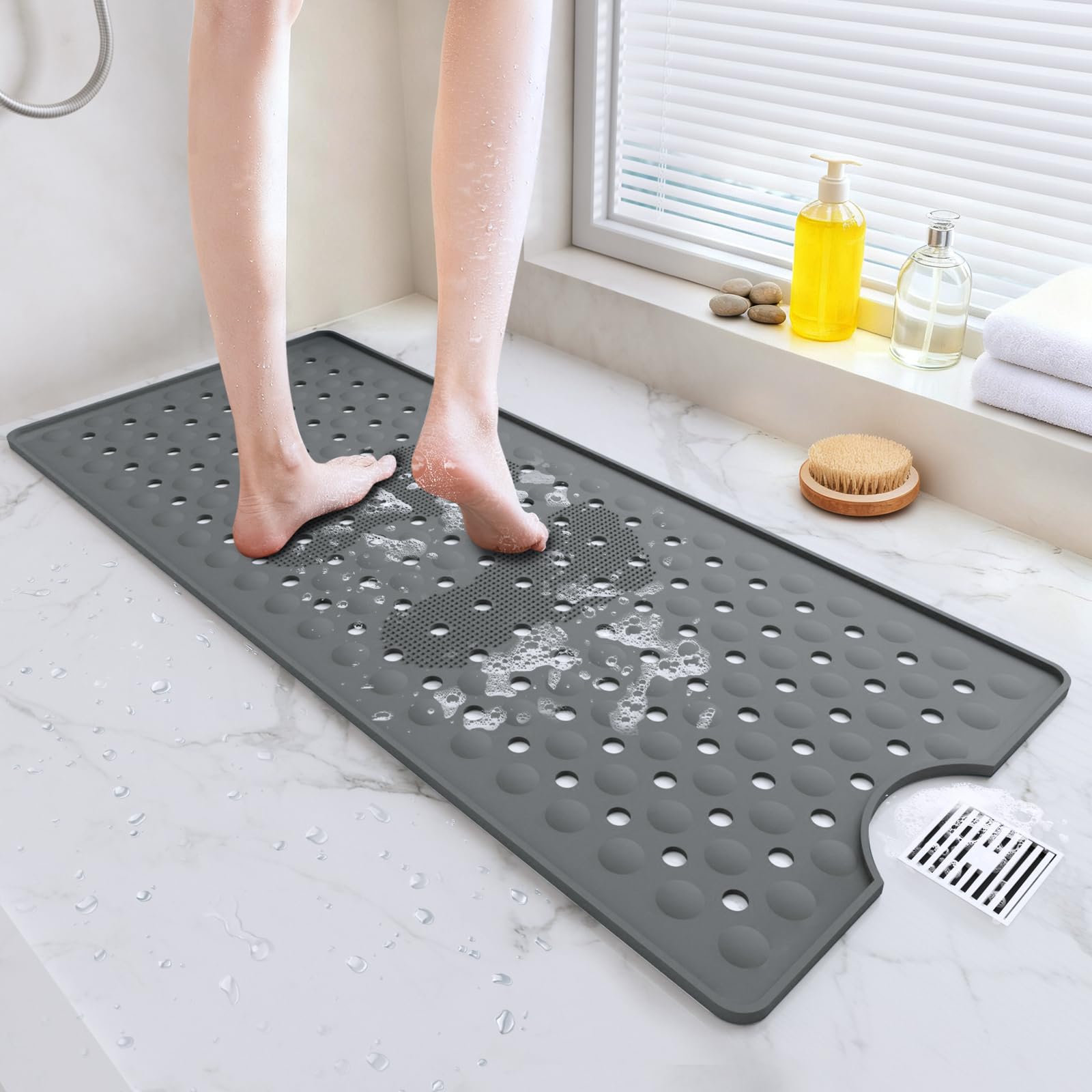 Bath Mat Non Slip Anti Mould, 90 x 40 cm Long Shower Mats with Suction Cups, Machine Washable Bath Slip Mat for Floor and Tub, Soft Silicone Material, Grey