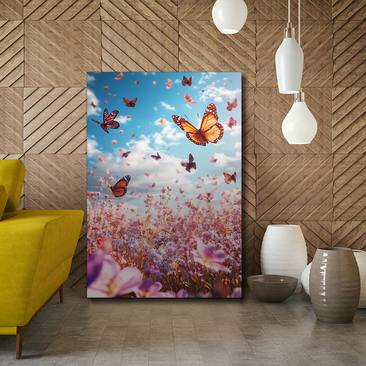 SHENGPOSTER Różowa i marzycielska różowa łąka grafika surrealistyczne pole kwiatowe i motyl obraz wiosenny plakat botaniczny do ramki wewnętrznej 80 x 112 cm