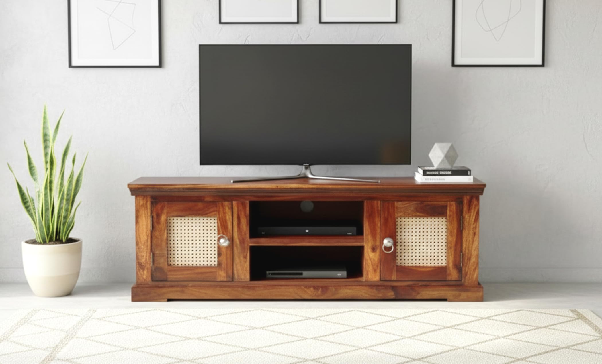 Sheesham Wood TV Stand with 2 Door & Shelf Storage for Living Room Home Entertainment Unit Center Console TV Table Wooden Tv Cabinet (Natural Teak Finish)-image-36