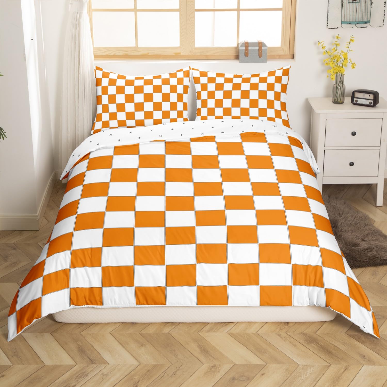 Homewish White Orange Checkered Bedding Set Single Buffalo Plaid Grid Comforter Cover,Checkerboard Duvet Cover For Kids Adults Men Women Aesthetics Gingham Quilt Cover Modern Room Decor - Image 2