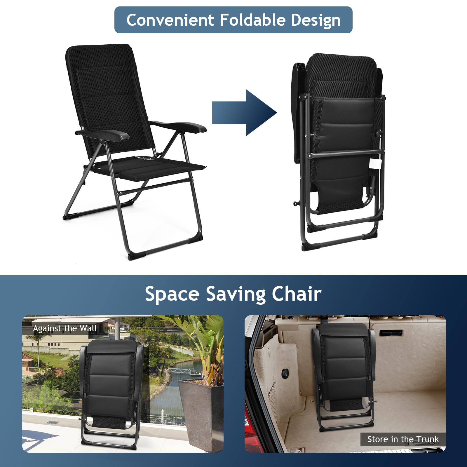 KOMFOTTEU Juego de 2 Sillas de Jardín Plegables, Sillas Acolchadas de Tela con Respaldo Reclinable de 7 Posiciones y Marco de Metal, Sillones de Camping para Piscina, Porche, Patio, Carga de 150 kg