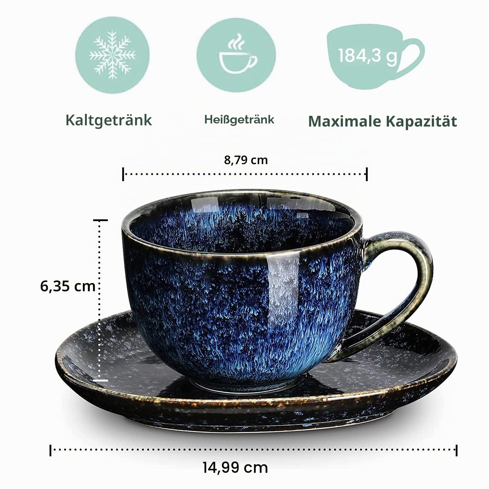 vicrays Cappuccino-Tassen mit Untertassen, Keramik, für Au Lait, Double Shot, Latte, Café, Mokka, Tee, 185 ml, 4 Stück (Sternenblau)