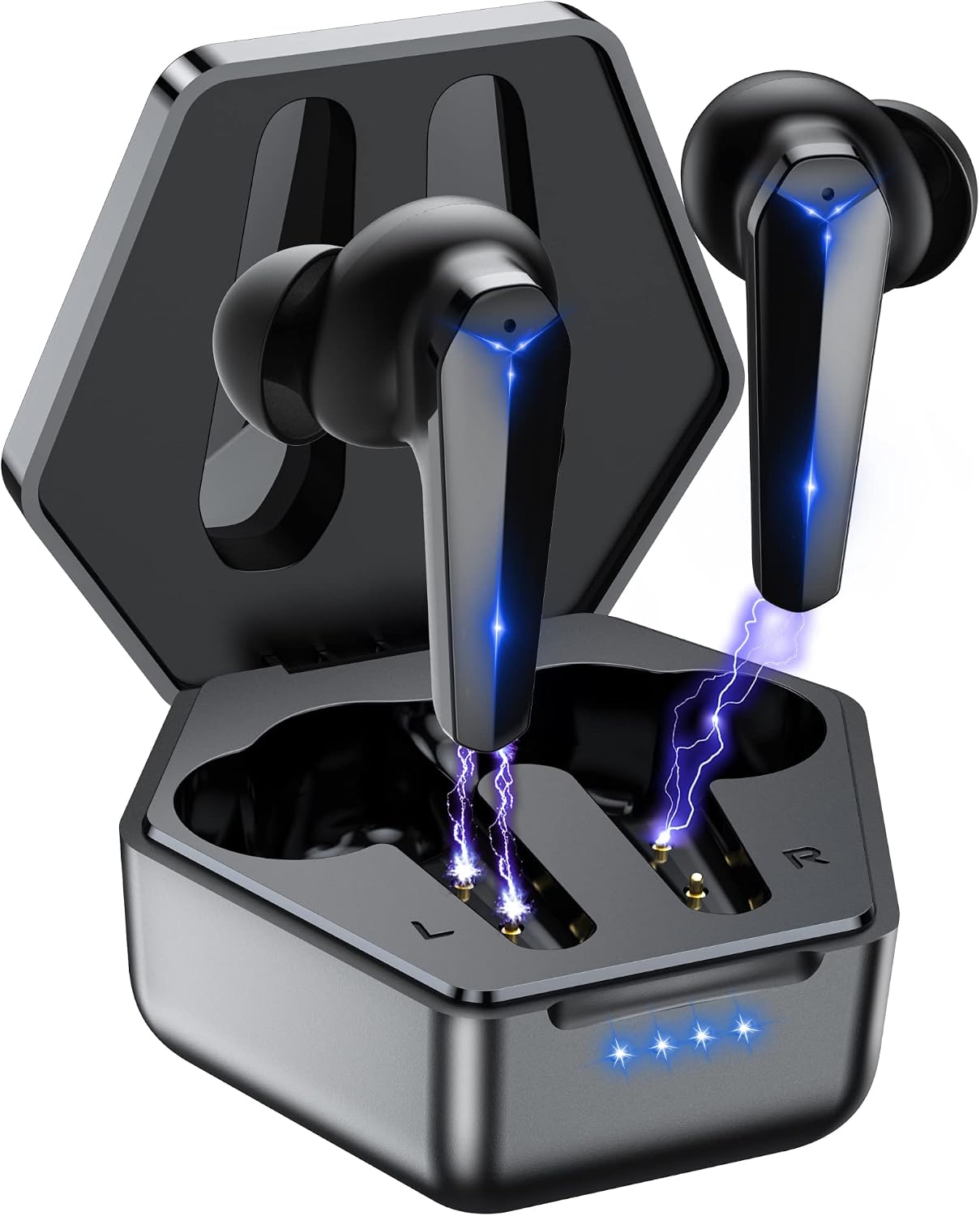 ORIbox Wireless Earbuds for Game Headphones, Bluetooth Earbuds 5.3, IPX7 Waterproof Wireless Touch Control, Built-in Microphone for iPhone & Android Black (Blue Light)
