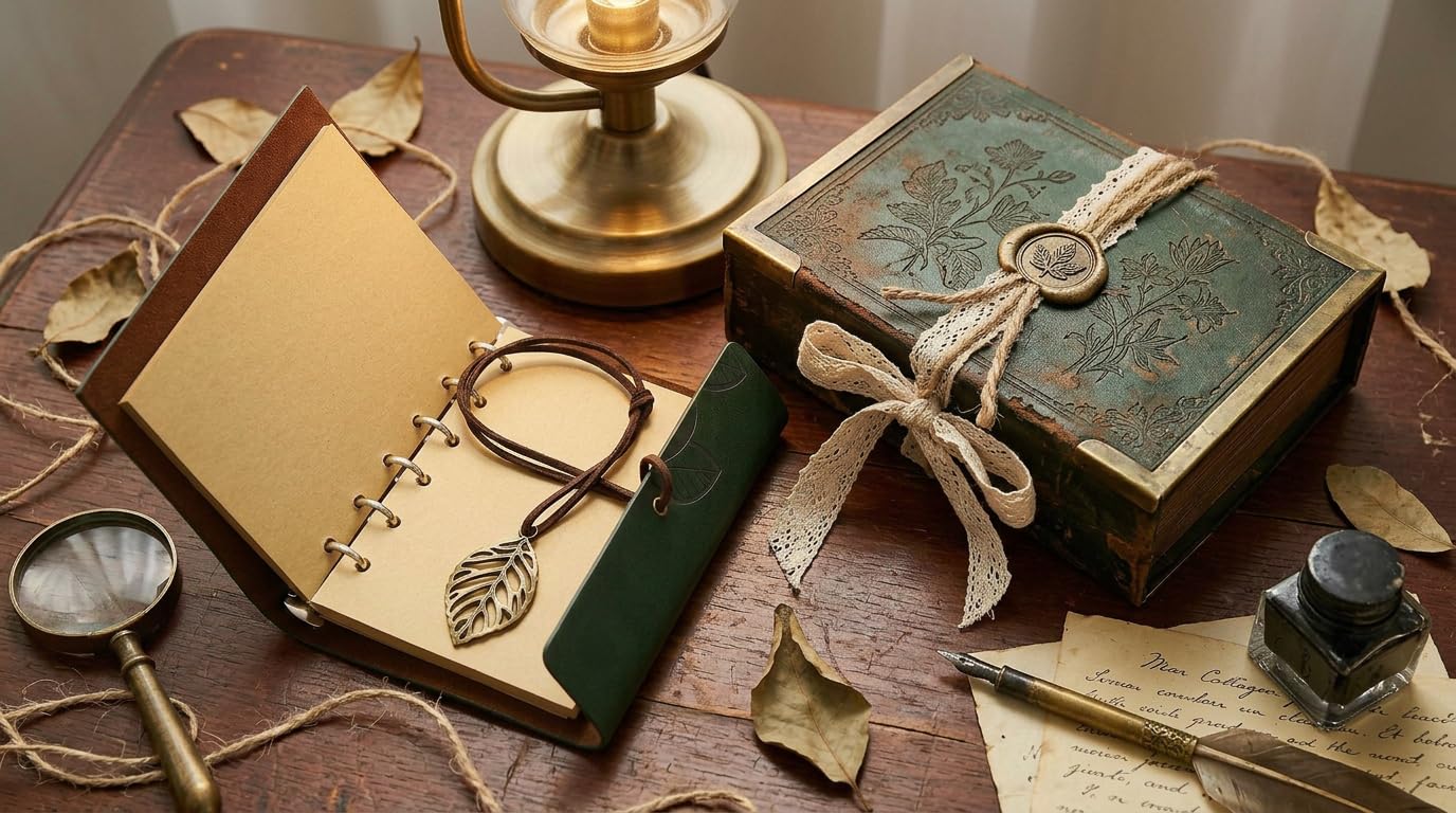 EvZ 5 Inch Mini Vintage Leather Journal, Pocket Size Refillable Loose Leaf Notebook, Retro Dark Green PU Cover with Metal Leaf Pendant, Blank Kraft Paper Small Travel Diary & Sketchbook