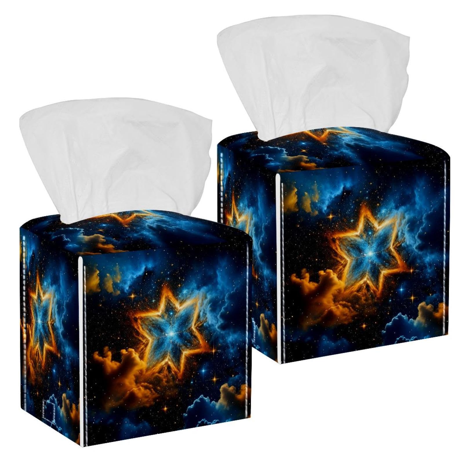 Stars Nebula Tissue Box Cover, 2 Pack PU Leather Square Facial Tissue Dispenser Box holder for Home Office Car