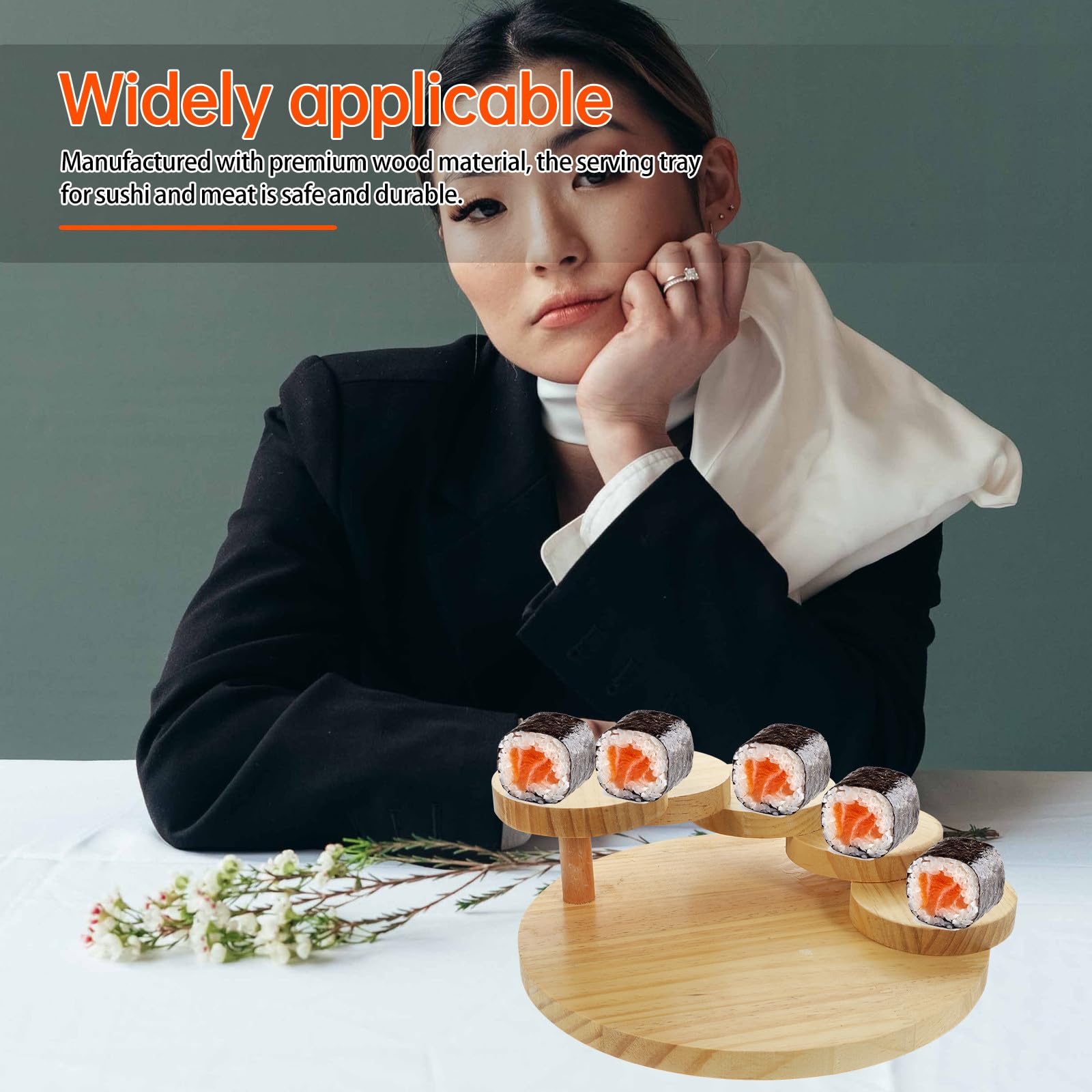 SOLUSTRE Bandeja para Servir Sushi Estructura Giratoria en Forma de Escalera y Diseño Creativo de Madera Capacidad Grande Adecuado para Bares de Sushi y Hoteles