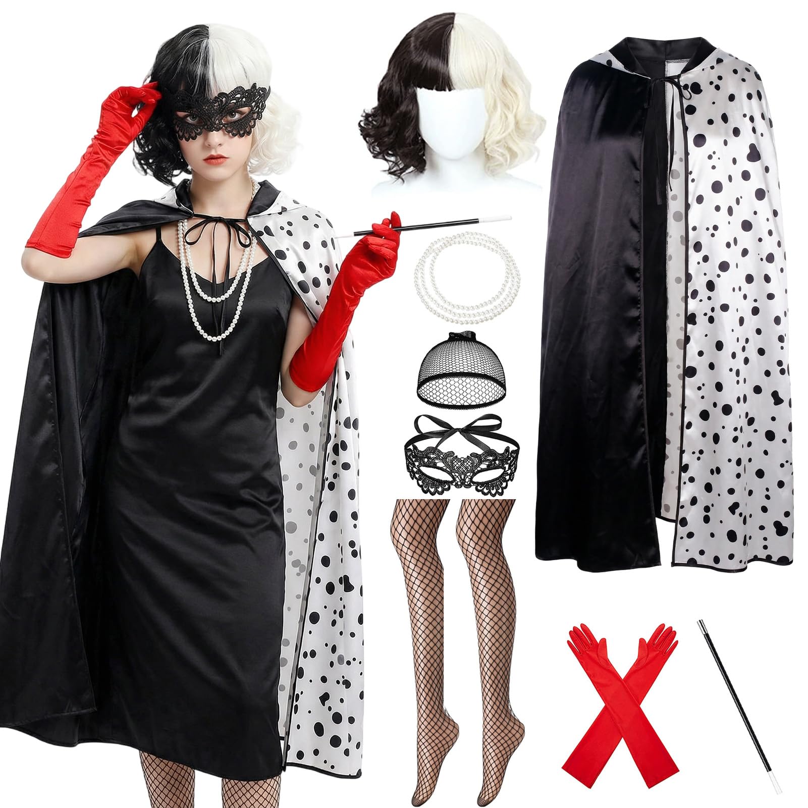 Moerstar Cruella Costume Adult, World Bbook Day Costumes Adults Set with Cape Black and White Wig Red Gloves Mask Necklace, Womens World Book Day Costumes