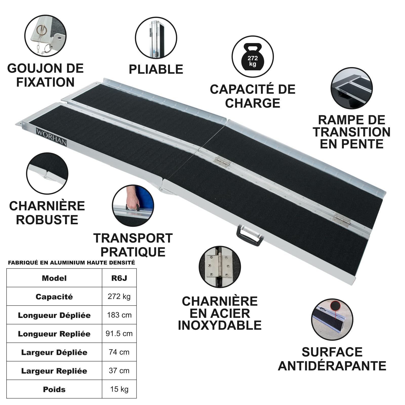Rampe 1.83m Alu Pliable Valise Aluminium pour Fauteuil Roulant Chargement Scooter Plate-Forme Fonction Antidérapante Elevée Neuf R6J