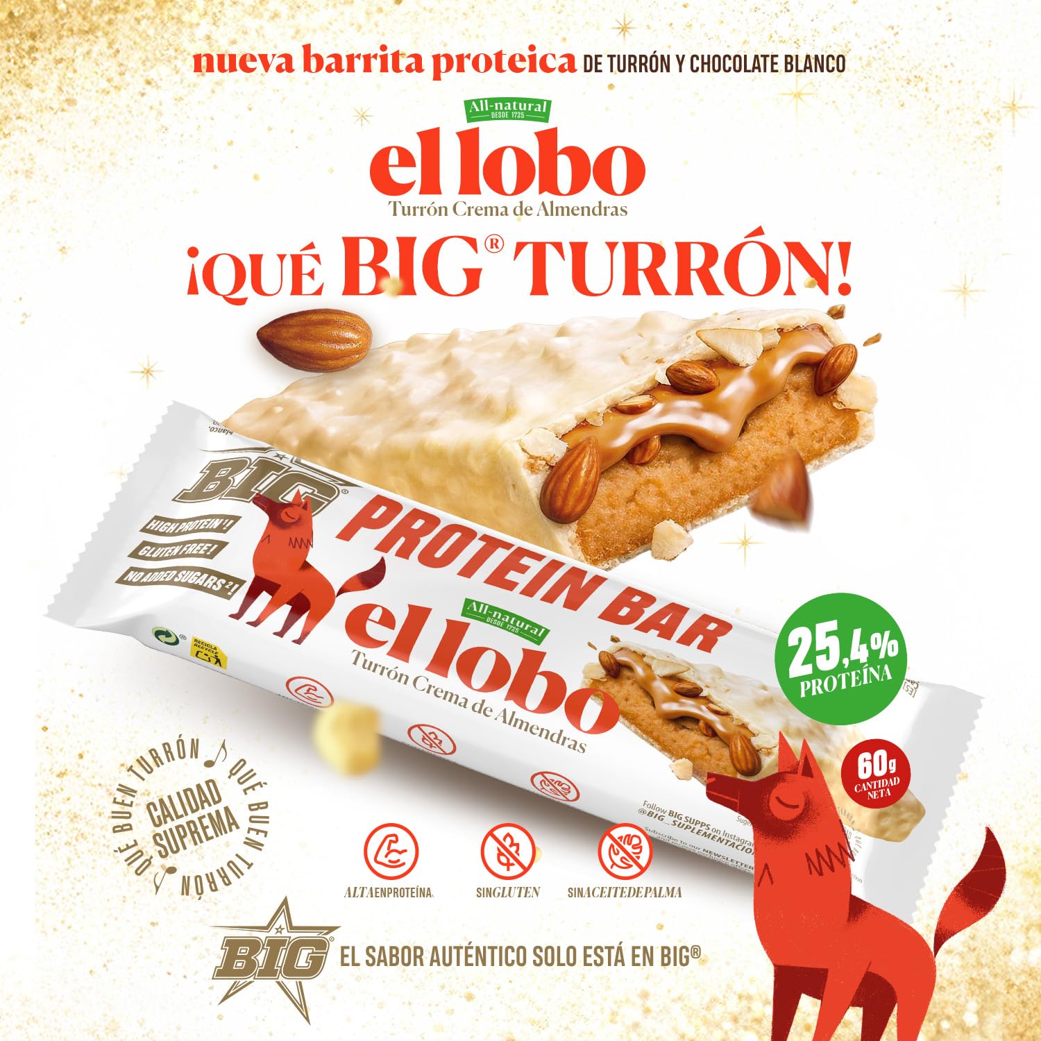 BIG - Barritas Proteina - Barritas Proteinas Turrón Almendras y Chocolate Blanco El Lobo - Snack Saludable Alto en Proteínas - +25gr por Barrita - Protein Bar Sabor Turrón - Sin Gluten - Caja (15 uds)