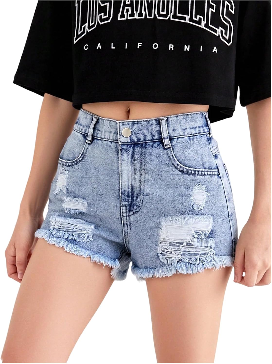 OYOANGLE Girl's Ripped Denim Shorts Mid Rise Frayed Raw Hem Distressed Jean Shorts with Pockets