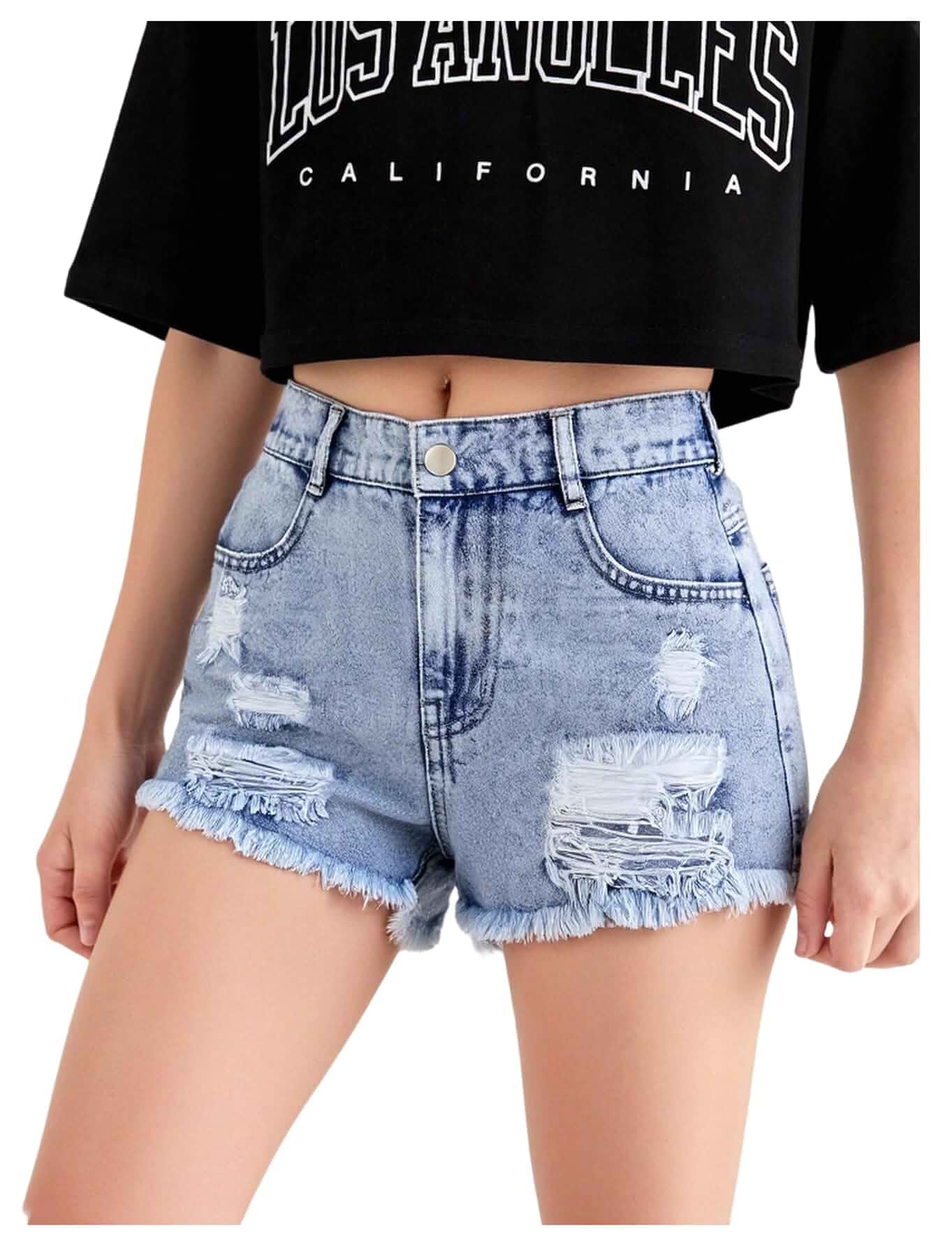 OYOANGLE Girl's Ripped Denim Shorts Mid Rise Frayed Raw Hem Jean Shorts Distressed With Pockets, Ripped Denim Mid Rise Shorts, Cutoff, Trendy Girls Denim Shorts, Stretchy