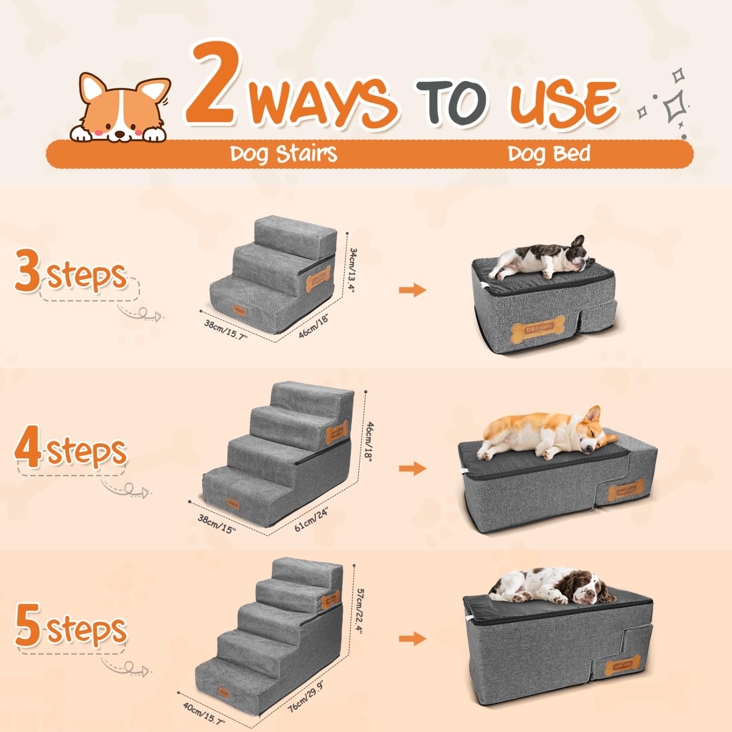 Nobleza Hundetreppe für Kleine Hunde, Hunderampe und Haustiertreppe mit Fusselrolle, 5 Stufen Katzentreppe und Hundetreppe für Bett Sofa