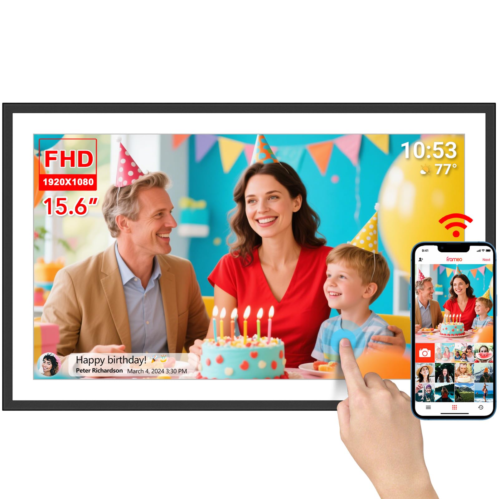 FRAMEO Cyfrowa ramka na zdjęcia 15,6 cala, bardzo duża, WiFi, cyfrowa ramka na zdjęcia z 32GB 1920 x 1080 IPS HD ekranem dotykowym, na biurko i montaż naścienny, udostępnianie zdjęć i filmów za pomocą