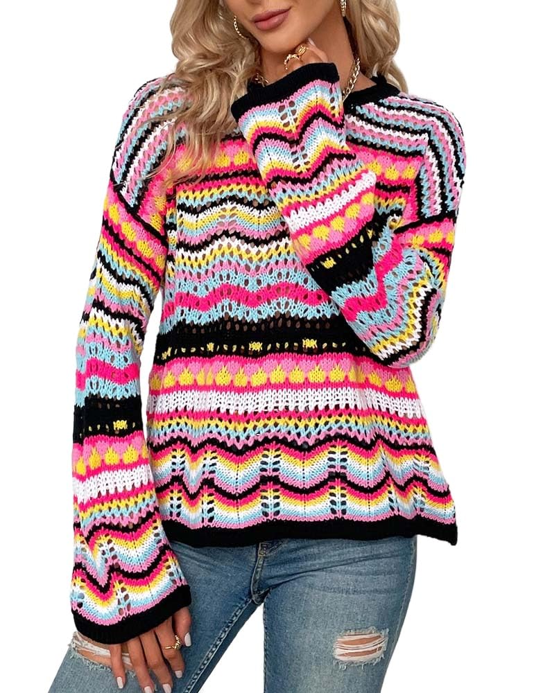 Mywinway Boho Sweater for Women Trendy Colorful Rainbow Crochet Sweaters Long Sleeve Y2k Striped Knit Pullover Tops