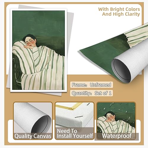 Miniatura 7 de Contemporary Woman Lying on Couch Wall Art Eclectic Emerald Green Posters Minimalist Stripe Decor Modern People Canvas Prints Boho Feminist