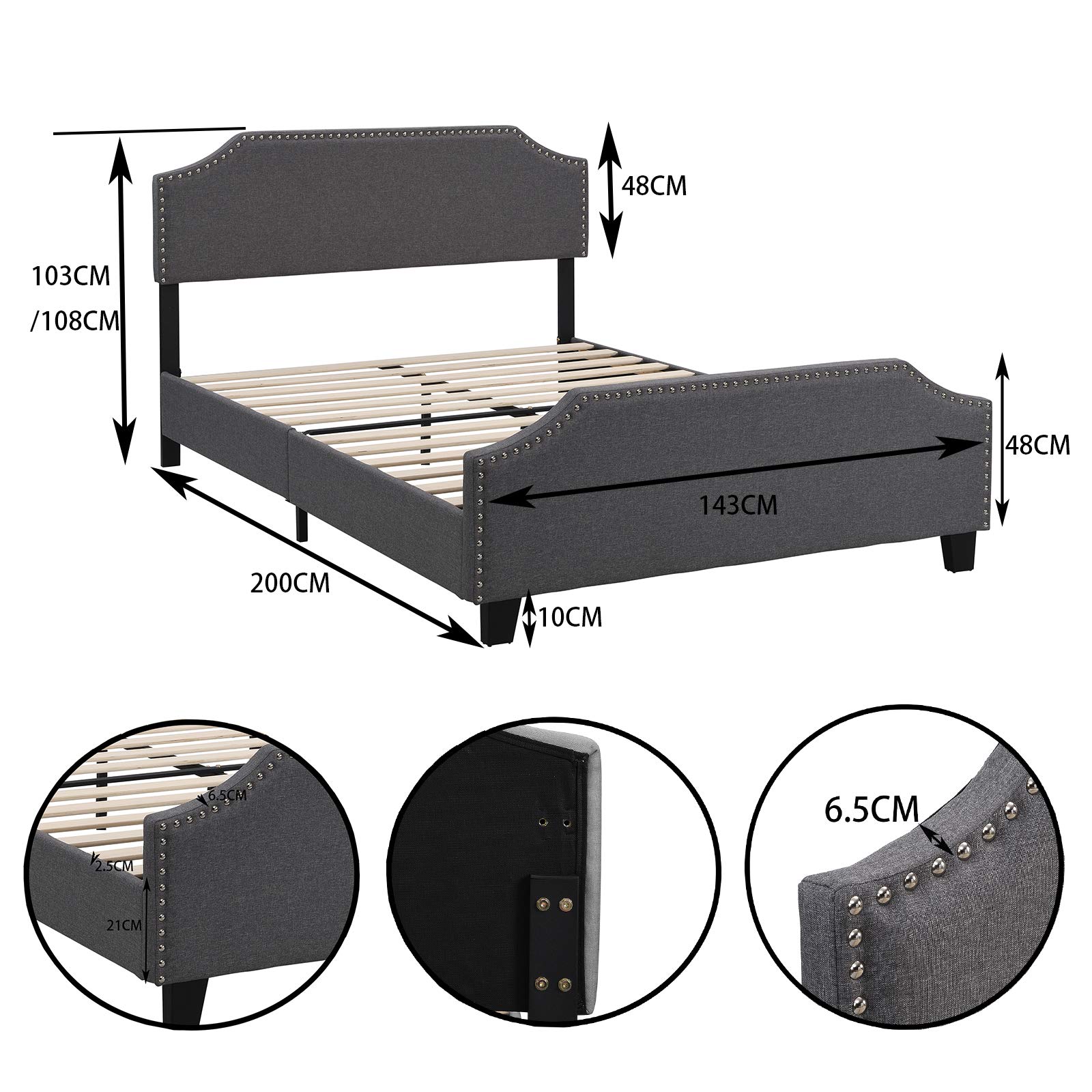 TELLINA Double Bed Frame with Adjustable Headboard 4FT6 Grey Ottoman