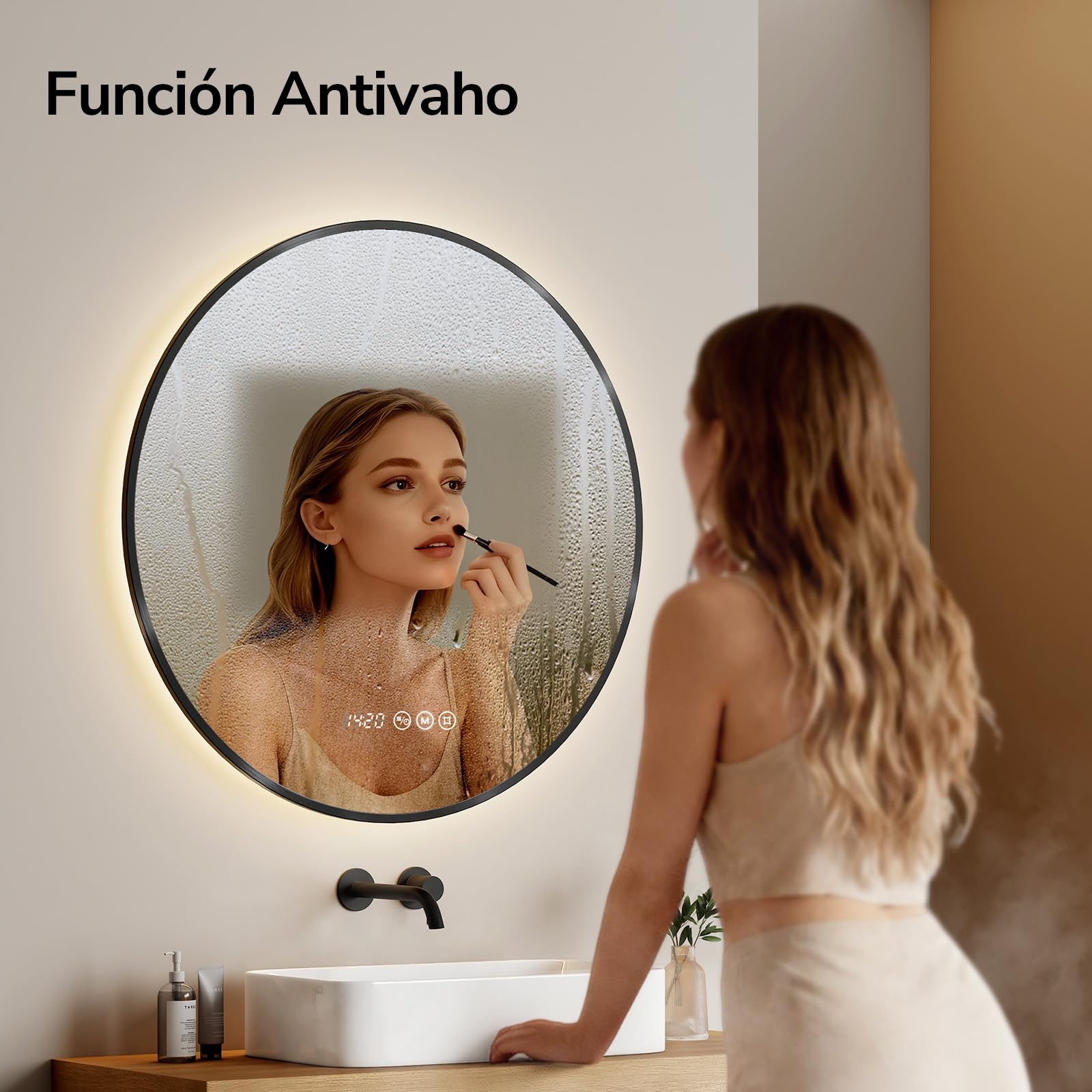 EMKE Espejo de Baño LED Redondo con Reloj y Anti-Vaho,Marco Negro,80 cm | Espejo Pared Lumino Marco de Aluminio - Luz Regulable 3 Color (3000K-6500K), Control Táctil, Memoria, Apagado Auto 3h