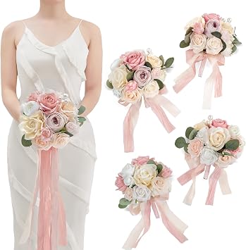 TINGE TIME Artificial Bridesmaid Bouquets for Wedding, Set of 4, 9in Bride Tossing Bouquet for Wedding Ceremony Bridal Shower Rehearsal Dinner Vintage Party Dusty Rose & Champagne