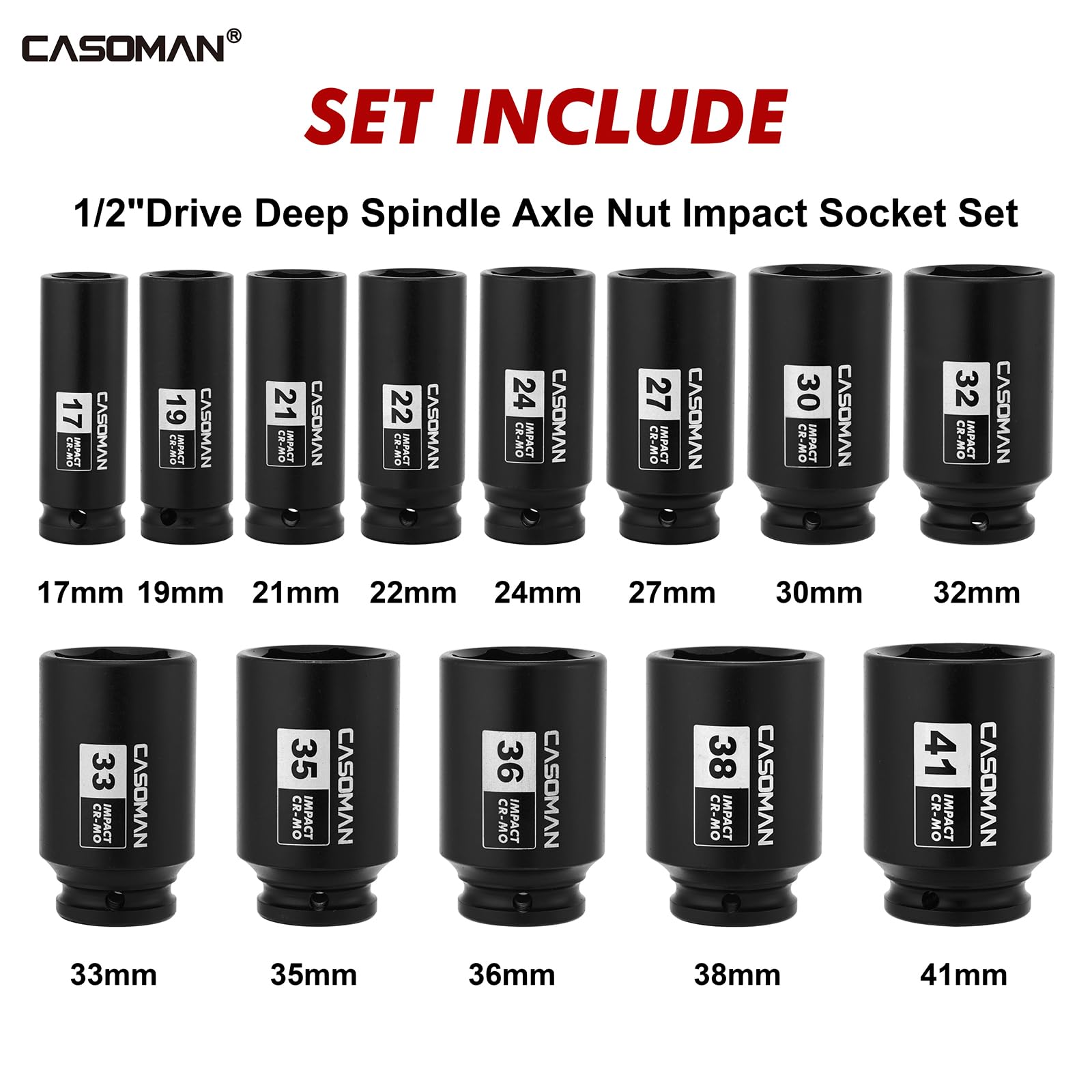 CASOMAN Set di 13 chiavi a bussola a impatto profondo, 1/2", set di chiavi a bussola per chiave a percussione, 6 punti, CR-MO, metriche, 17 mm, 19 mm, 21 mm, 22 mm, 24 mm, 27 mm, 30 mm, 32 mm, 33 mm