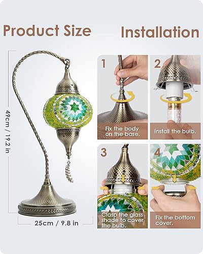 Miniatura 6 de Yarra-Decor Lámpara de mesa de mosaico turco marroquí con base de bronce, 3 opciones de color, hecha a mano, cuello de cisne, mosaico Tiffany,