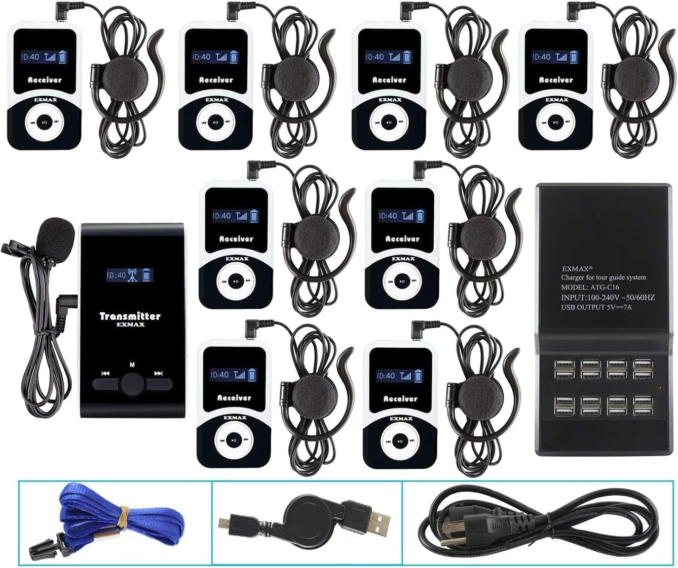 ATG-100T 195-230mHz wireless audio tour guide system 1 Transmitter & 8 Receivers