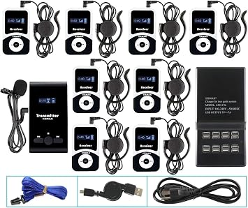 EXMAX EX-100 Wireless Tour Guide System Translator Device for Courtroom Church Translation Simultaneous Language Interpretation City Tour Travel 1 Transmitter 8 Receivers 16-port Charging Station