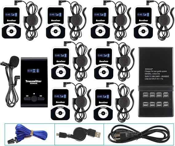 EXMAX EX-100 Wireless Tour Guide System Translator Device for Courtroom Church Translation Simultaneous Language Interpretation City Tour Travel (1 Transmitter 8 Receivers 16-port Charging Station)