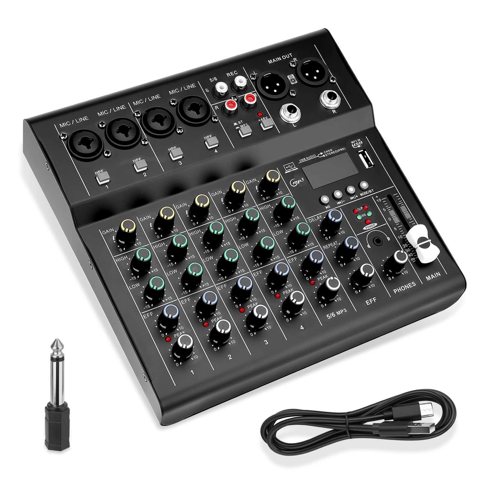 Mixer audio DJ a 6 canali con Bluetooth, scheda audio USB/MP3, effetti DSP integrati e alimentazione phantom 48V, console di mixaggio compatta per karaoke, podcast, live streaming e registrazione in