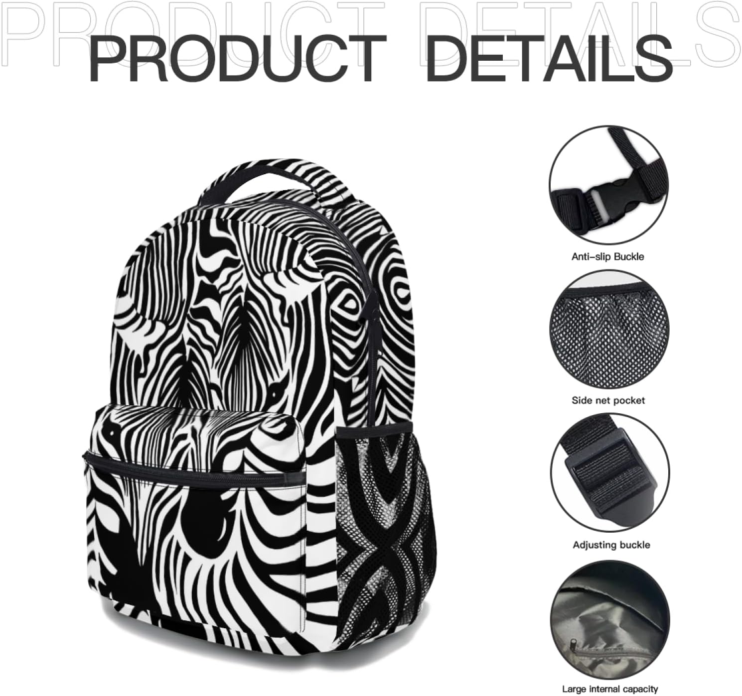 Zebra Print Backpack Black White Stripes Durable Daypack Laptop Shoulder Bookbag Casual Sports Travel Bag for Boys Girls Man Woman