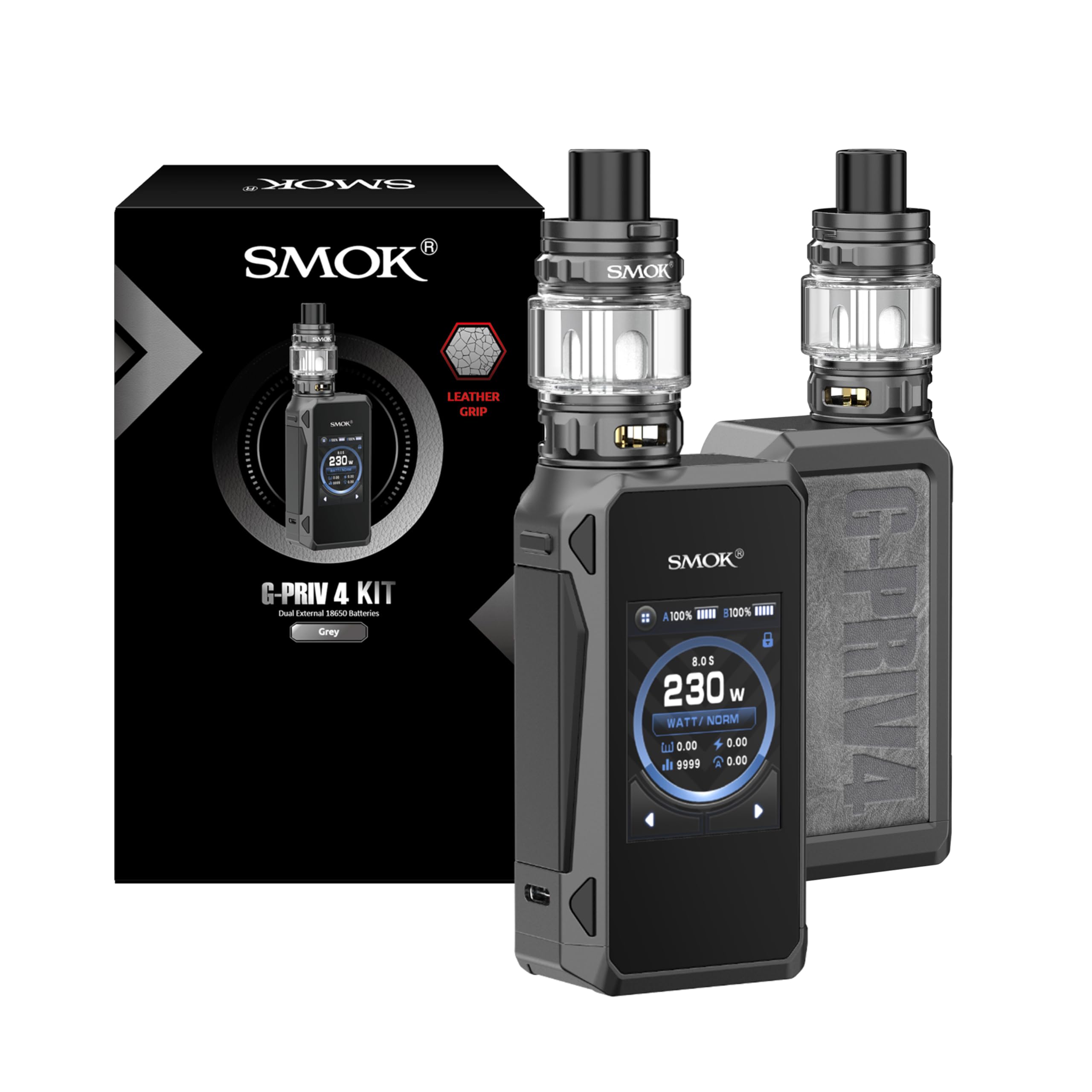 SMOK G-PRIV 4 Box Mod Vape Kit Akkuträger 5–230W TFV18 Mini 6,5 ml Grau | E-Zigarette mit 2,0-Zoll-Touchscreen IQ-M Chip breitem Feuertaster 6,5-ml-Verdampfer für DL Dual 18650 ohne Akkus Type-C 2,0A