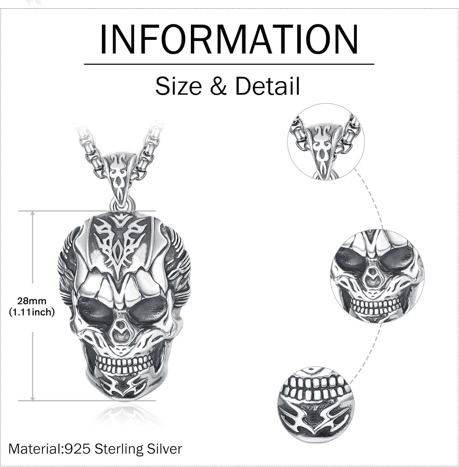 Palpitate Memento Mori Skull Demon Necklace 925 Sterling Silver Punk Gothic Pendant Skeleton Jewelry for Men Women