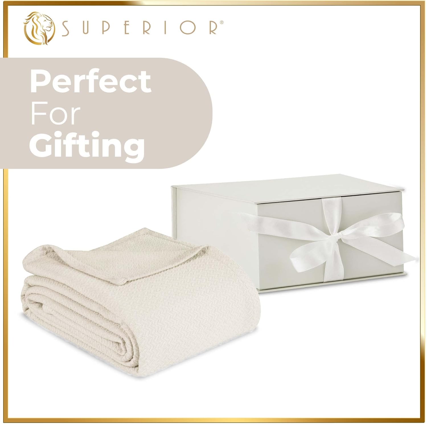 Superior Nobel Cotton Blanket, for Picnic, Beach, Traveling or Camping, Bedroom Essentials, Cover for Bed, Couch, Lounging, Textured Jacquard, Classic Chevron Woven Blanket, California King, Ivory