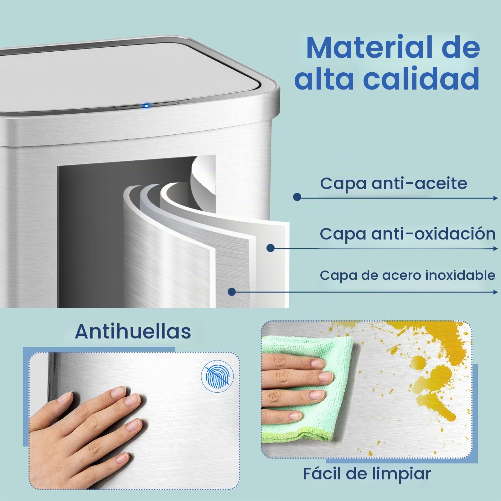LIFEZEAL Cubo de Basura Rectangular de Acero Inoxidable, con Sensor 50 L, Automático sin Tacto, Papelera de Cocina con Tapa de Cierre Suave