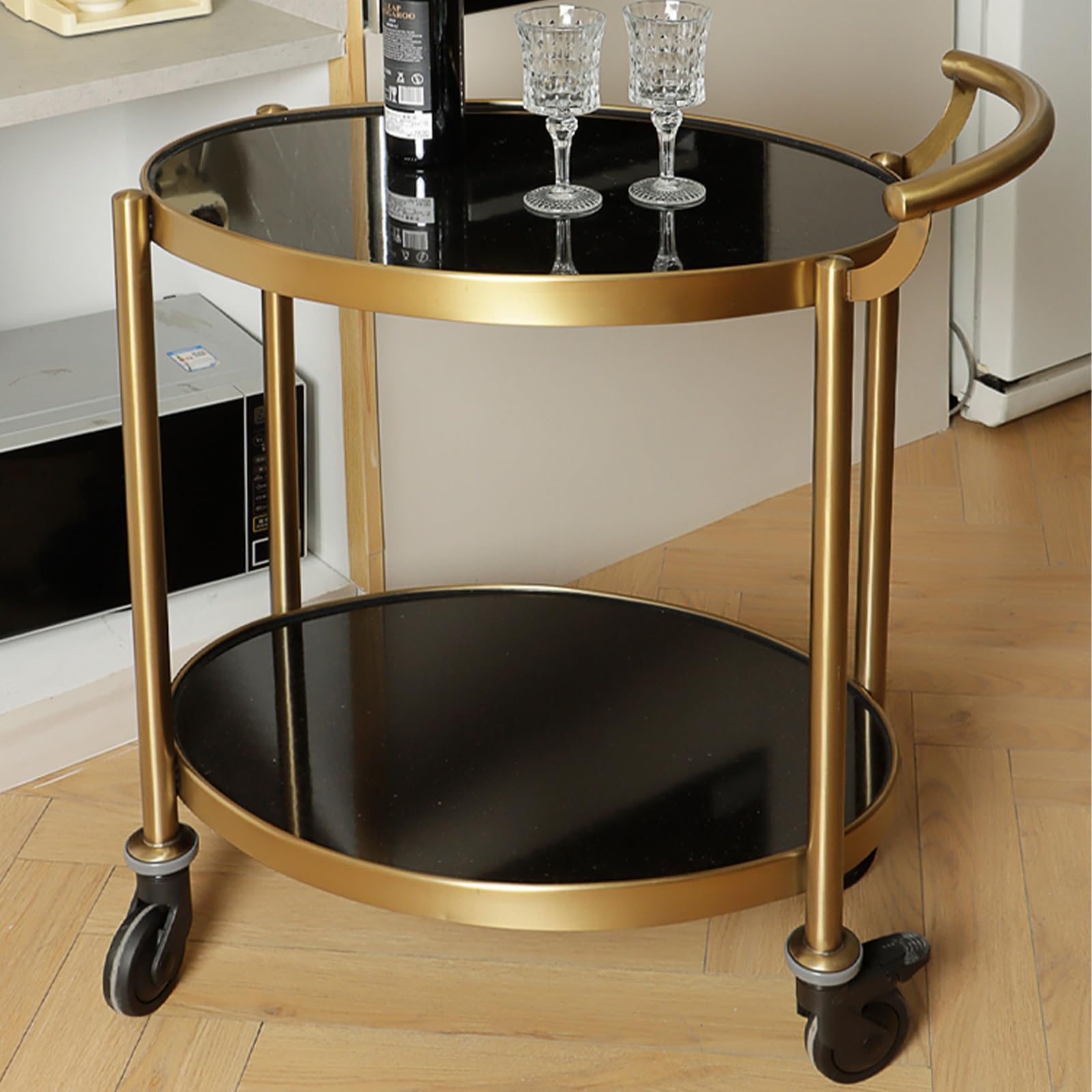 Barwagen für Zu Hause, Goldene Barwagen mit 2-stufigen Glasregalen, Servierwagen Auf Rädern für Die Hausbar für Spirituosen und Alkohol, Weinwagen Auf Rädern für Küche, Drinnen und Draußen(Golden yell