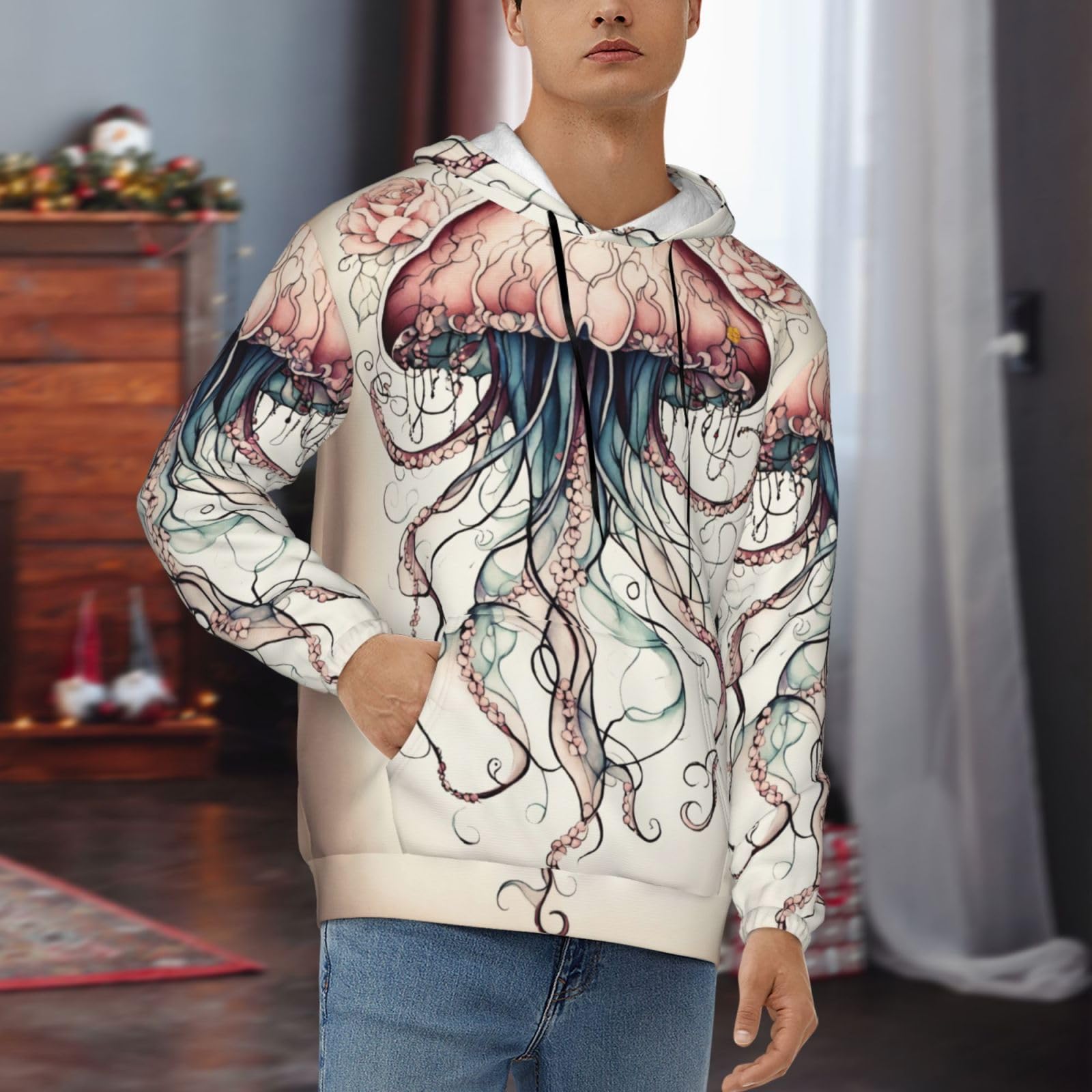 Męska bluza z kapturem z nadrukiem meduzy, casualowa grafika z nadrukiem bluzy z kapturem z kieszenią