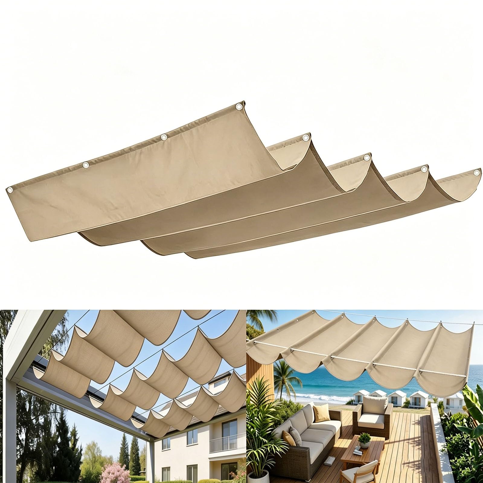 Voile d'ombrage vague rétractable 1.9x6.75m kaki imperméable pour terrasse