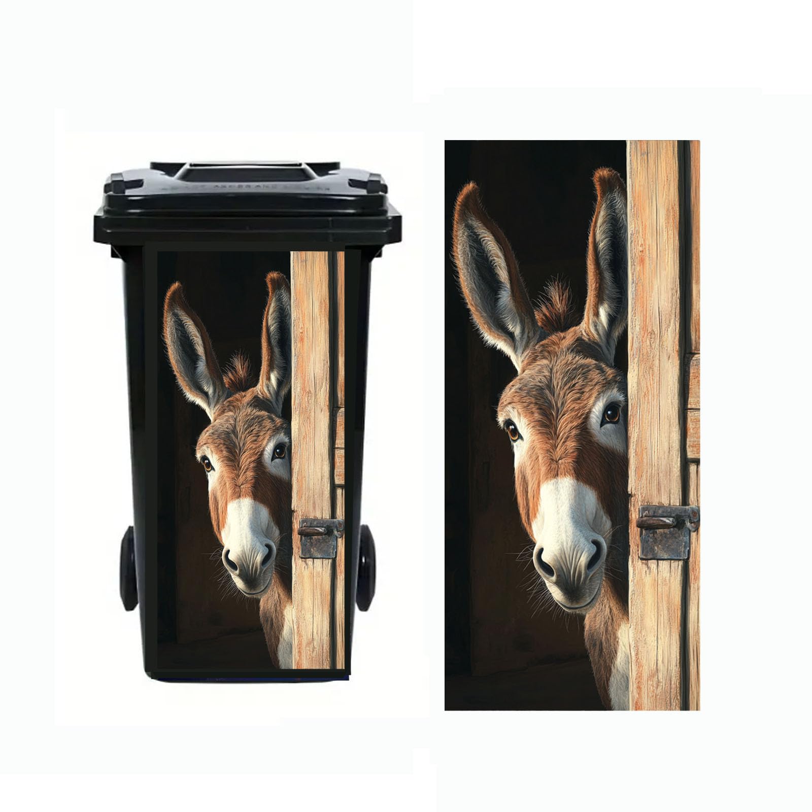 Nouiroy Donkey Dustbin Sticker Decals Wheelie Bin Stickers Self Adhesive Dog Cat Peeking Decal for Door Trash Cans Bins Driveway Garden Outdoor Patio Decor,14.57×32.28in (Donkey 1) — image 1